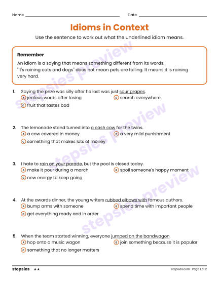Idioms in Context, a free printable worksheet from Stepsies (Grades 6–8 Language · Level 2)