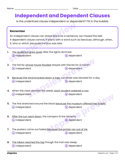 Independent and Dependent Clauses, a free printable worksheet from Stepsies (Grades 6–7 Language · Level 2)