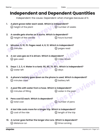 Independent and Dependent Quantities, a free printable worksheet from Stepsies (Grade 6 Math)