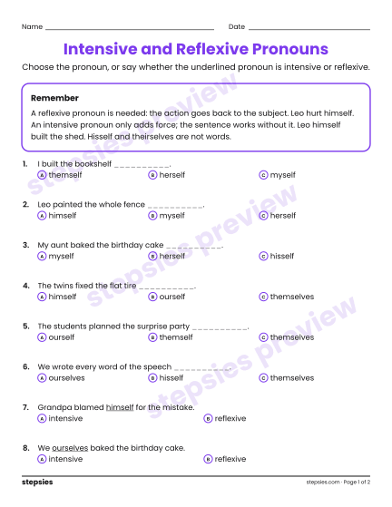 Intensive and Reflexive Pronouns, a free printable worksheet from Stepsies (Grade 6 Language · Level 3)
