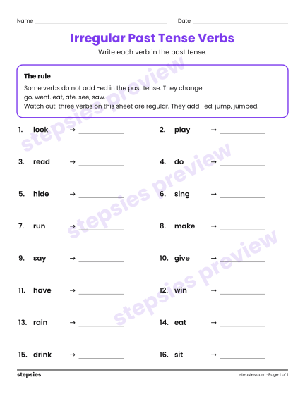 Irregular Past Tense Verbs, a free printable worksheet from Stepsies (Grades 2–3 Language)
