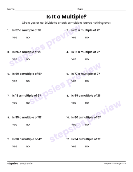 Is It a Multiple?, a free printable worksheet from Stepsies (Grade 4 Math · Level 4)