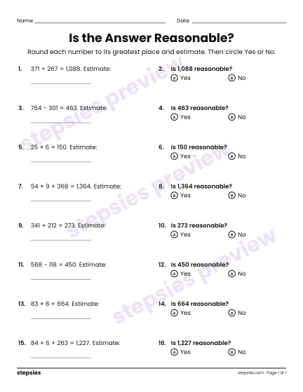 Is the Answer Reasonable?, a free printable worksheet from Stepsies (Grades 3–4 Math)