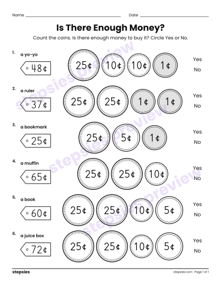 Is There Enough Money?, a free printable worksheet from Stepsies (Grade 2 Math)