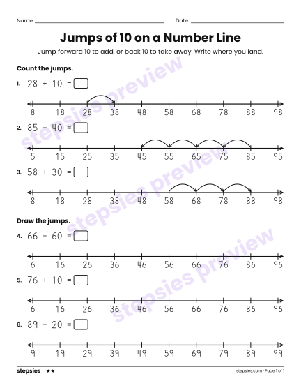 Jumps of 10 on a Number Line from Any Number, a free printable worksheet from Stepsies (Grade 2 Math · Level 2)