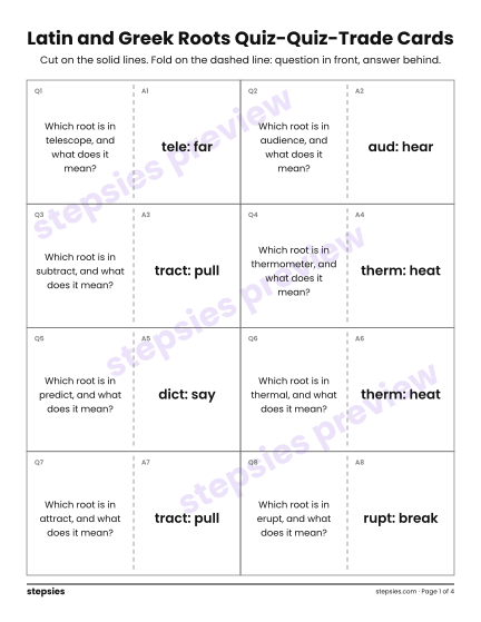 Latin and Greek Roots: Quiz-Quiz-Trade Cards, a free printable worksheet from Stepsies (Grade 5 Language)