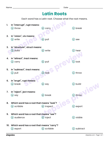 Latin Roots, a free printable worksheet from Stepsies (Grades 4–6 Language)