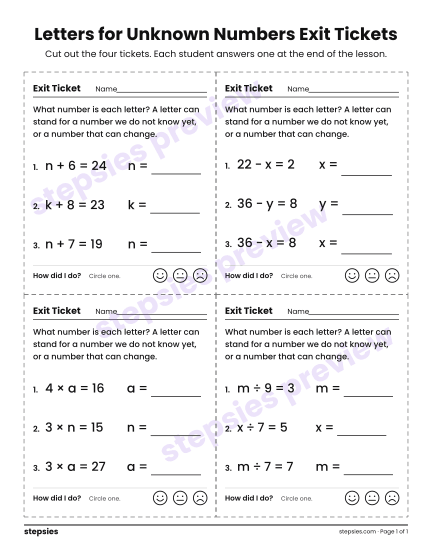Letters for Unknown Numbers Exit Tickets, a free printable worksheet from Stepsies (Grade 3 Math)