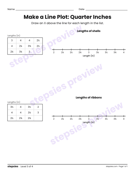 Make a Line Plot: Quarter Inches, a free printable worksheet from Stepsies (Grade 3 Math · Level 3)