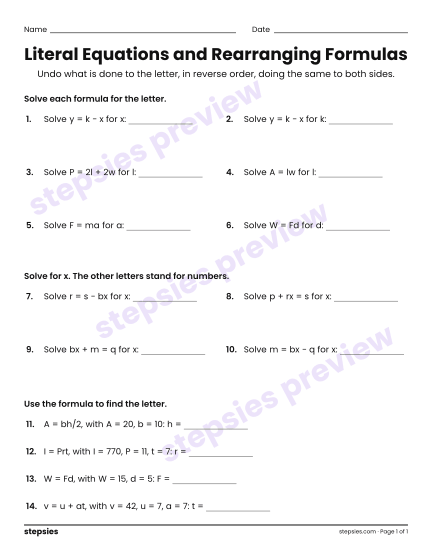 Literal Equations and Rearranging Formulas, a free printable worksheet from Stepsies (Grade 8 Math)