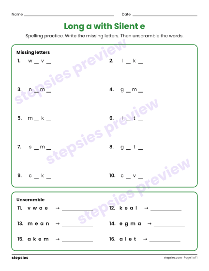 Long a with Silent e: Spelling Practice, a free printable worksheet from Stepsies (Grade 1 Language · Level 2)
