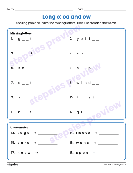 Long o: oa and ow: Spelling Practice, a free printable worksheet from Stepsies (Grade 2 Language · Level 2)
