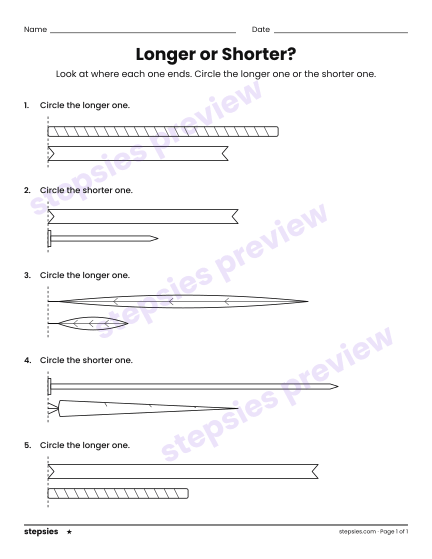 Longer or Shorter?, a free printable worksheet from Stepsies (Kindergarten Math · Level 1)