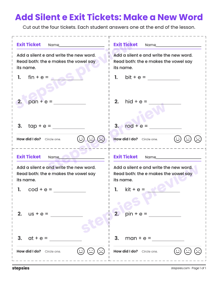 Add Silent e Exit Tickets: Make a New Word, a free printable worksheet from Stepsies (Grade 1 Language)