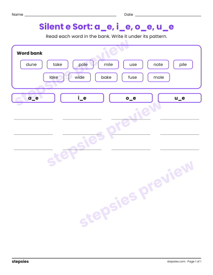 Silent e Sort: a_e, i_e, o_e, u_e, a free printable worksheet from Stepsies (Grade 1 Language · Level 3)