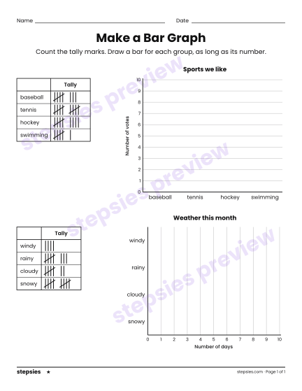 Make a Bar Graph, a free printable worksheet from Stepsies (Grade 2 Math · Level 1)
