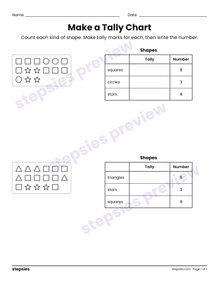 Make a Tally Chart, a free printable worksheet from Stepsies (Grade 1 Math)