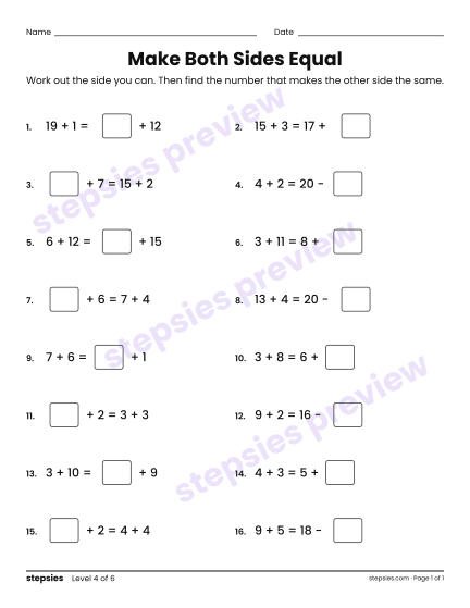Make Both Sides Equal, a free printable worksheet from Stepsies (Grades 1–2 Math · Level 4)