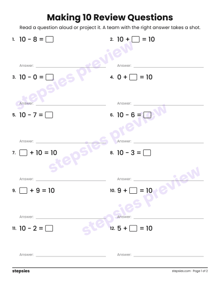 Making 10: Trashketball Review Questions, a free printable worksheet from Stepsies (Grades K–1 Math)