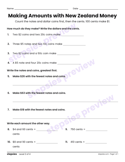 Making Amounts with New Zealand Money, a free printable worksheet from Stepsies (Grade 2 Math · Level 2)