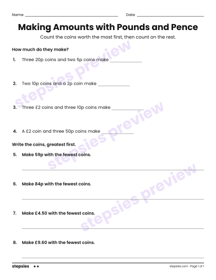 Making Amounts with Pounds and Pence, a free printable worksheet from Stepsies (Grade 2 Math · Level 2)