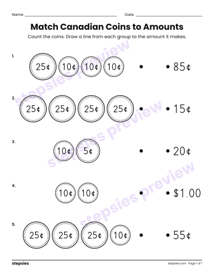 Match Canadian Coins to Amounts, a free printable worksheet from Stepsies (Grades 1–2 Math)