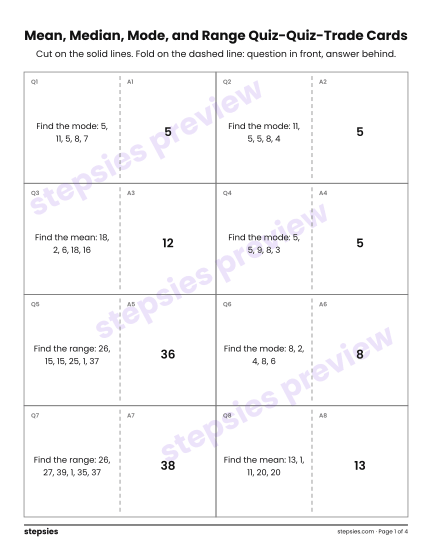Mean, Median, Mode, and Range: Quiz-Quiz-Trade Cards, a free printable worksheet from Stepsies (Grade 6 Math)