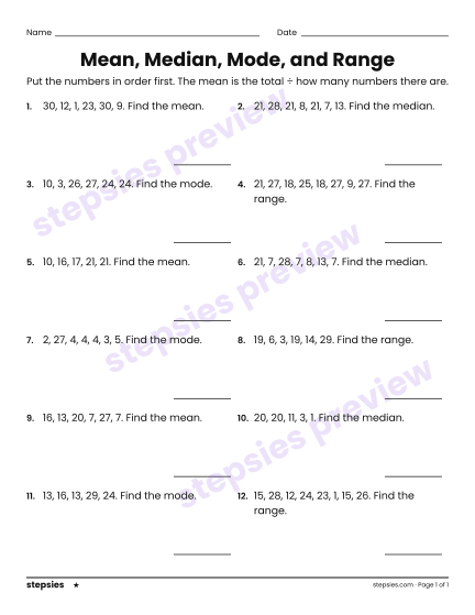 Mean, Median, Mode, and Range, a free printable worksheet from Stepsies (Grade 6 Math · Level 1)