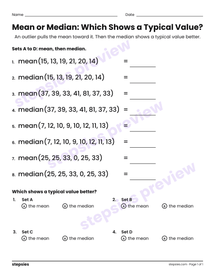 Mean or Median: Which Shows a Typical Value?, a free printable worksheet from Stepsies (Grade 6 Math)