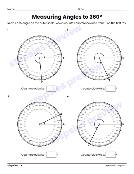 Measuring Angles to 360°, a free printable worksheet from Stepsies (Grade 6 Math · Level 1)