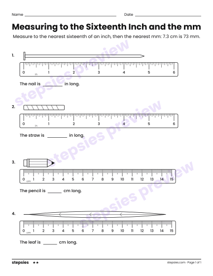 Measuring to the Sixteenth Inch and the mm, a free printable worksheet from Stepsies (Grade 5 Math · Level 2)