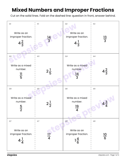 Mixed Numbers and Improper Fractions: Quiz-Quiz-Trade Cards, a free printable worksheet from Stepsies (Grade 4 Math)