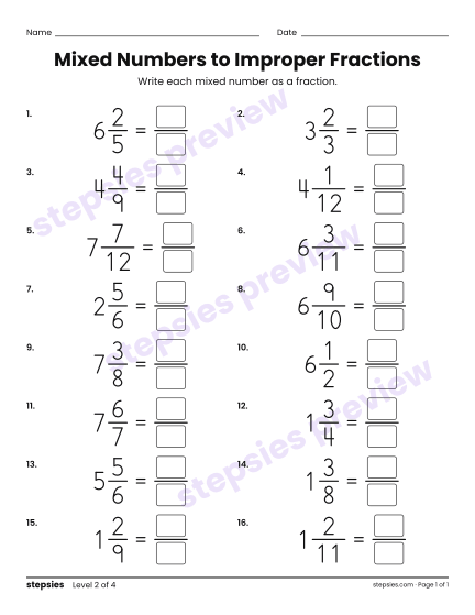 Mixed Numbers to Improper Fractions, a free printable worksheet from Stepsies (Grades 4–5 Math · Level 2)