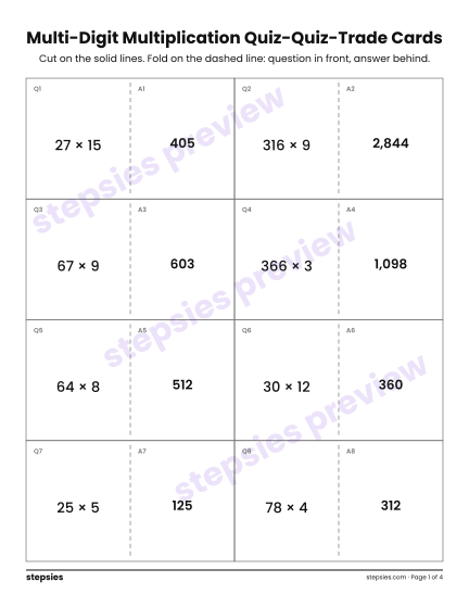Multi-Digit Multiplication: Quiz-Quiz-Trade Cards, a free printable worksheet from Stepsies (Grade 4 Math)