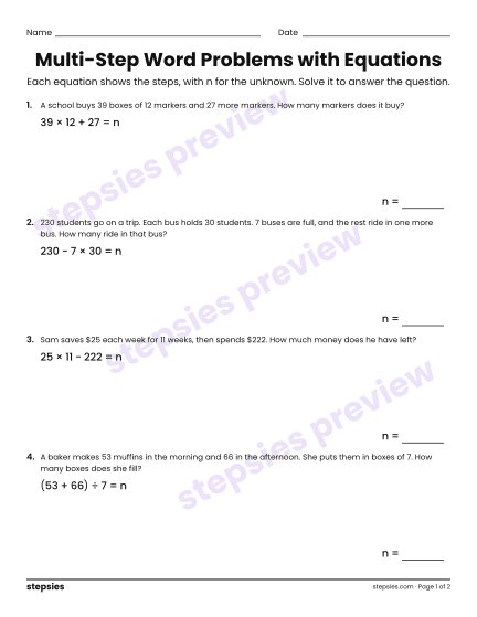Multi-Step Word Problems with Equations, a free printable worksheet from Stepsies (Grade 5 Math)