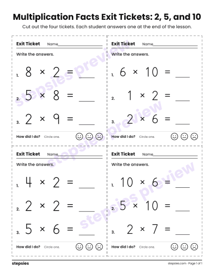 Multiplication Facts Exit Tickets: 2, 5, and 10, a free printable worksheet from Stepsies (Grade 3 Math · Level 1)