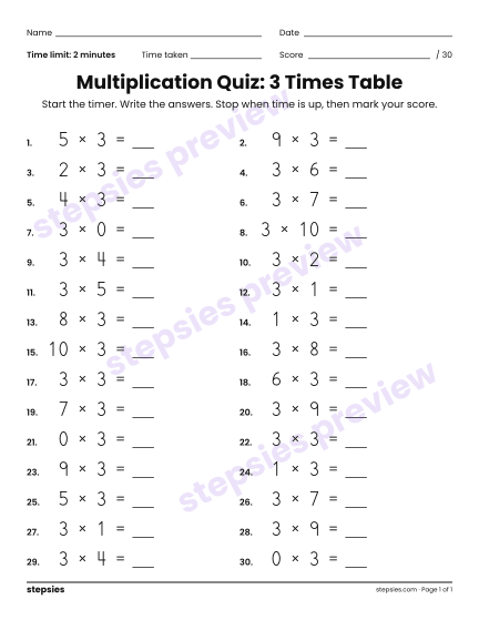 Multiplication Quiz: 3 Times Table, a free printable worksheet from Stepsies (Grades 3–4 Math)