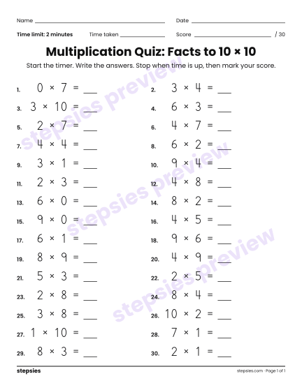 Multiplication Quiz: Facts to 10 × 10, a free printable worksheet from Stepsies (Grades 3–4 Math · Level 2)