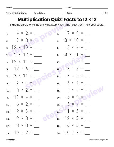 Multiplication Quiz: Facts to 12 × 12, a free printable worksheet from Stepsies (Grades 4–5 Math · Level 3)