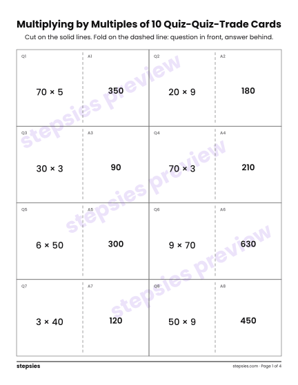 Multiplying by Multiples of 10: Quiz-Quiz-Trade Cards, a free printable worksheet from Stepsies (Grade 3 Math)