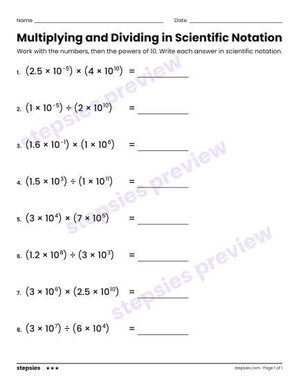 Multiplying and Dividing in Scientific Notation, a free printable worksheet from Stepsies (Grade 8 Math · Level 3)