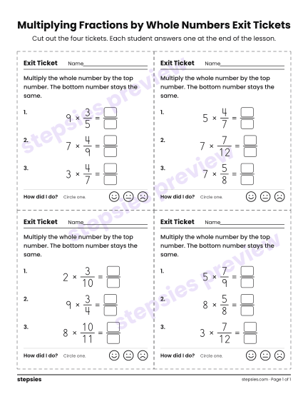Multiplying Fractions by Whole Numbers Exit Tickets, a free printable worksheet from Stepsies (Grades 4–5 Math · Level 2)