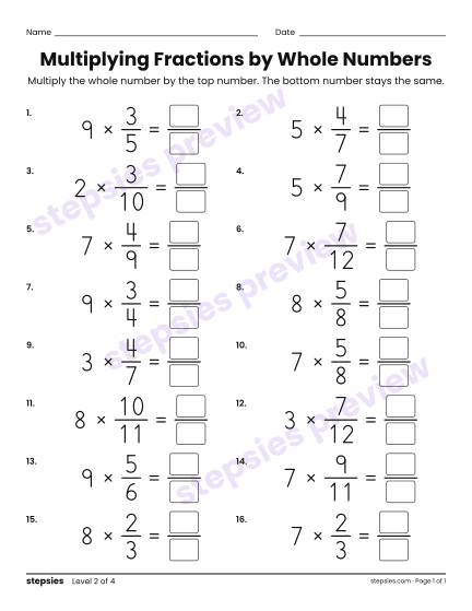 Multiplying Fractions by Whole Numbers, a free printable worksheet from Stepsies (Grades 4–5 Math · Level 2)