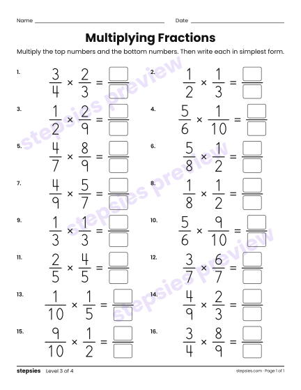Multiplying Fractions, a free printable worksheet from Stepsies (Grade 5 Math · Level 3)