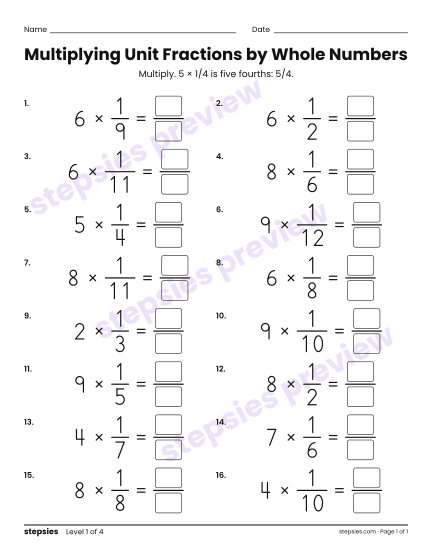 Multiplying Unit Fractions by Whole Numbers, a free printable worksheet from Stepsies (Grades 4–5 Math · Level 1)