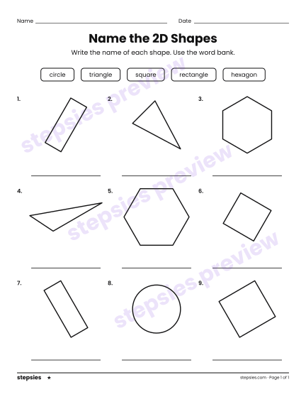 Name the 2D Shapes, a free printable worksheet from Stepsies (Grades K–1 Math · Level 1)
