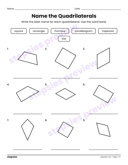 Name the Quadrilaterals, a free printable worksheet from Stepsies (Grade 3 Math)