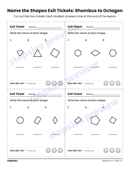 Name the Shapes Exit Tickets: Rhombus to Octagon, a free printable worksheet from Stepsies (Grades 1–2 Math · Level 2)