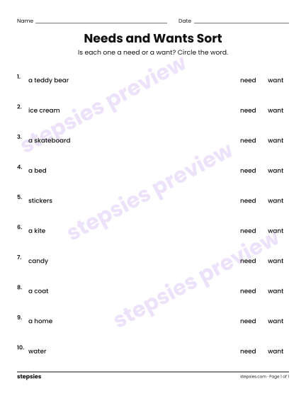 Needs and Wants Sort, a free printable worksheet from Stepsies (Grades 1–2 Math)