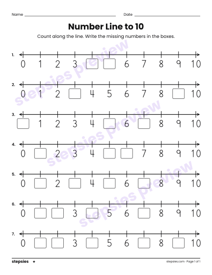 Number Line to 10, a free printable worksheet from Stepsies (Kindergarten Math · Level 1)
